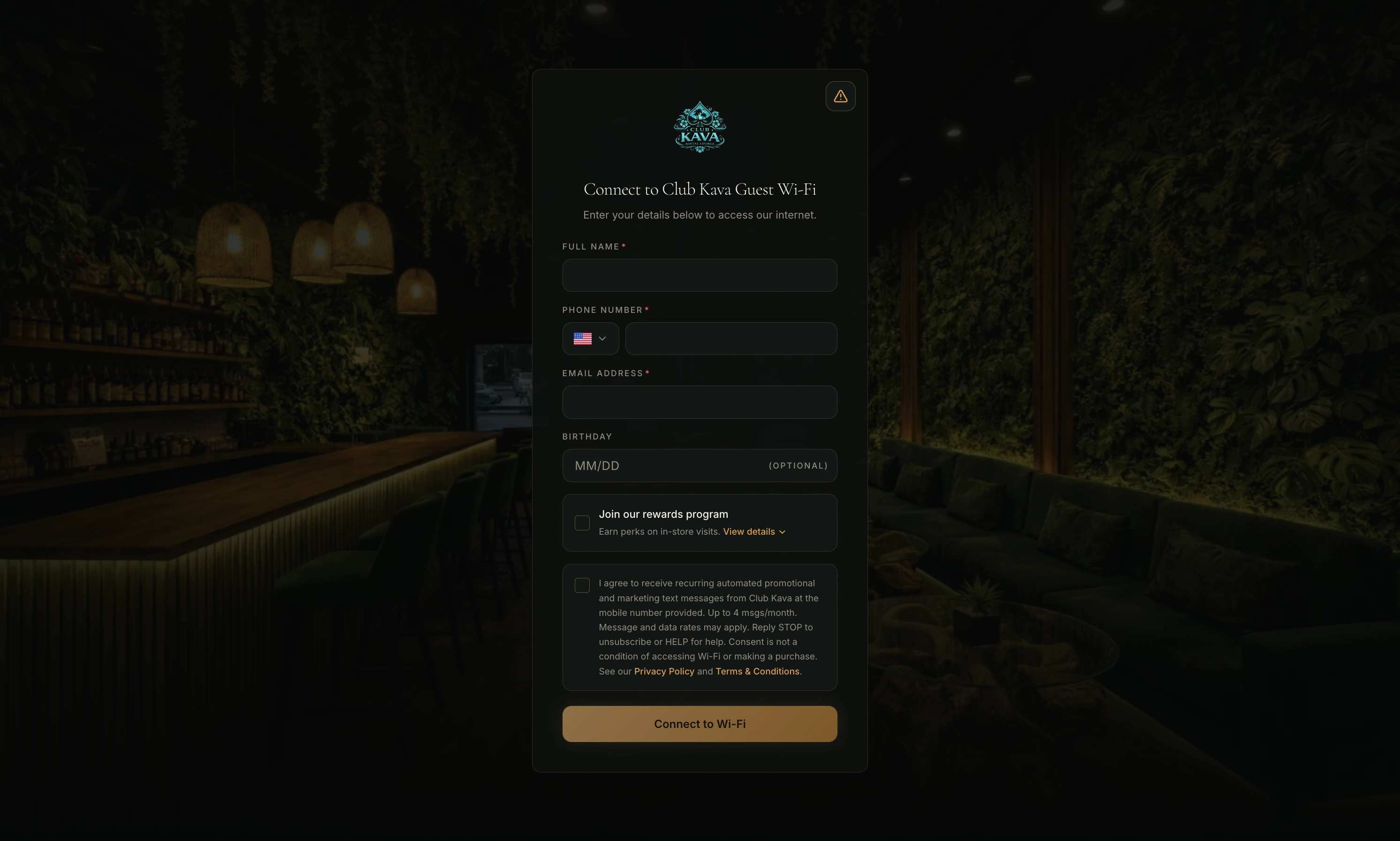 Club Kava guest Wi-Fi captive portal with an unchecked marketing checkbox for texts and emails, phone number field, Privacy Policy and Terms links, and Connect to Wi-Fi button