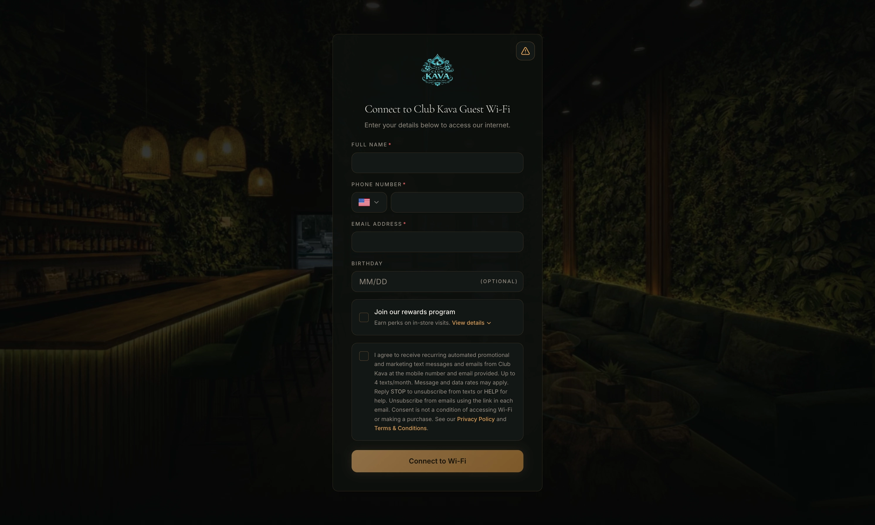 Club Kava guest Wi-Fi captive portal with an unchecked marketing checkbox for texts and emails, phone number field, Privacy Policy and Terms links, and Connect to Wi-Fi button